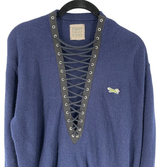 Furst of a Kind Repurposed Vintage 70's Fox Navy Lace Up Vee Pullover Sweater M - Picture 5 of 8